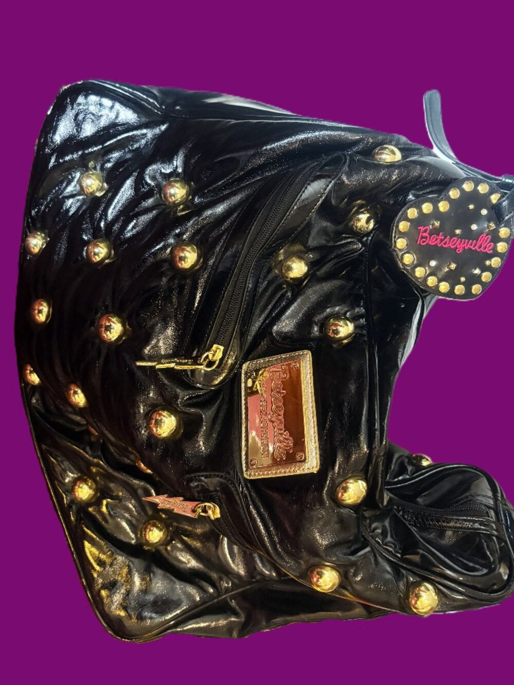 Betseyville Black-Patent Puffer Travel Bag with Gold Tufted Accents EUC